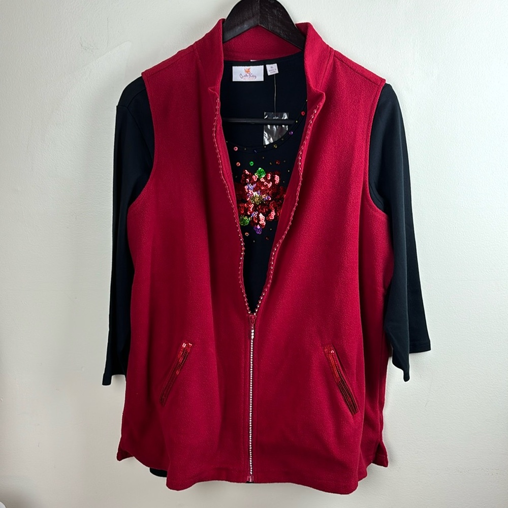 NWT Quacker Factory Fleece Vest & T-shirt Poinsettia Set Black Red XL A225813